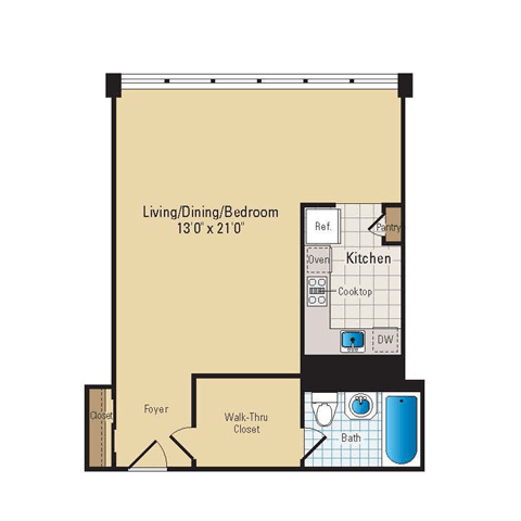 Floor plan for studio, 1 bath, 570 sqft